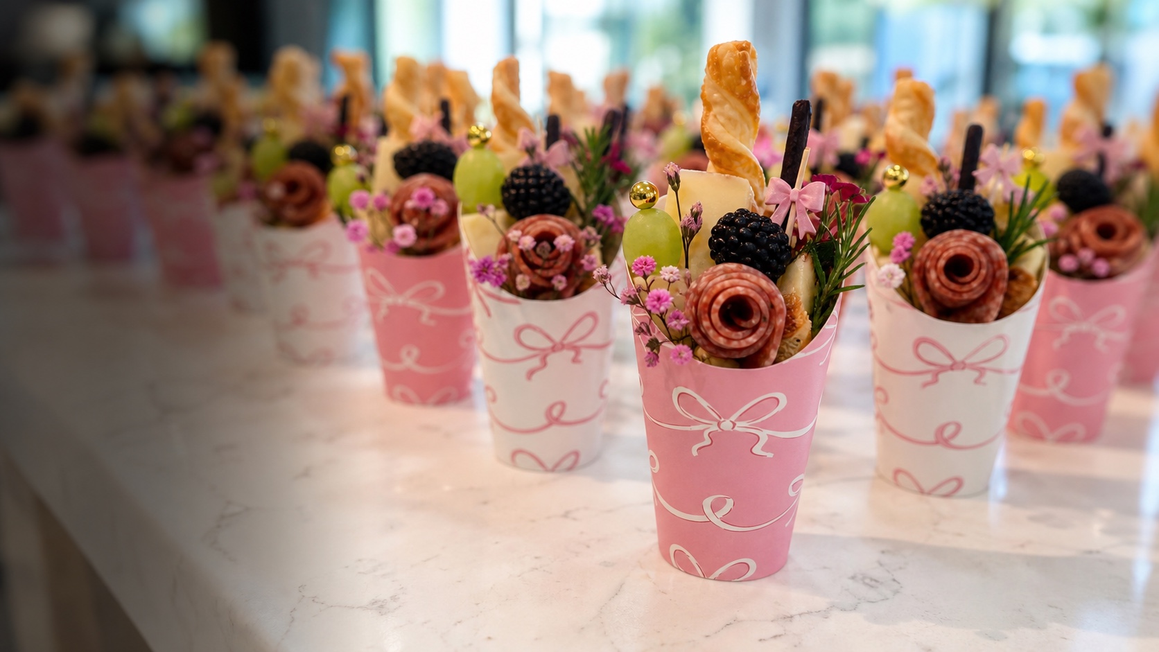 Gloria’s signature charcuterie cups with pink bows, fruit, cheese and salami roses